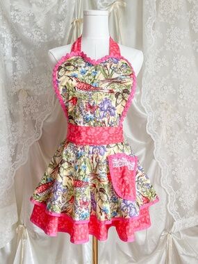 Vintage Handmade Bird & Butterfly Heart Apron Dress Whimsical Cottagecore Fairy
